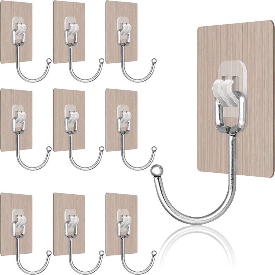 PACK OF 10 WALL HOOKS SELF ADHESIVE STAINLESS STEEL STICKY WALL HOOKS HEAVY DUTY COAT HOOKS